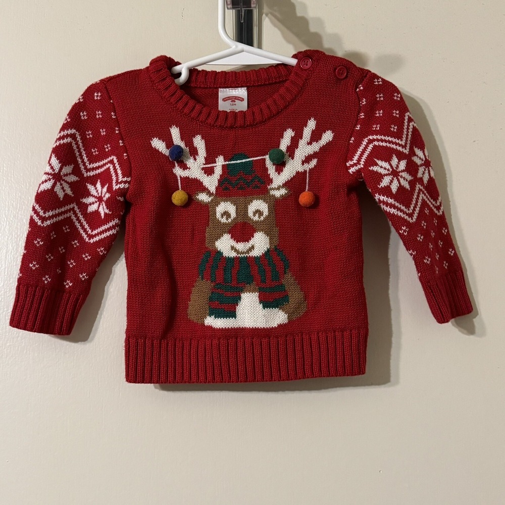 Holiday Time Red Reindeer Christmas Holiday Sweater 12 Months Unisex Boy Girl